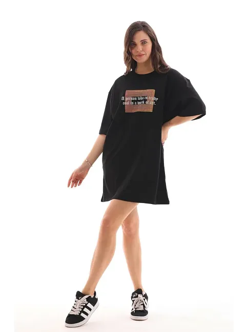 Kadın Baskılı T-shirt Kısa Kol Bisiklet Yaka Oversize Rahat Kalıp Tişört - Siyah