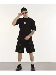 Erkek Kısa Kol Yazlık Tişört Bisiklet Yaka Baskılı Oversize T-shirt - Siyah