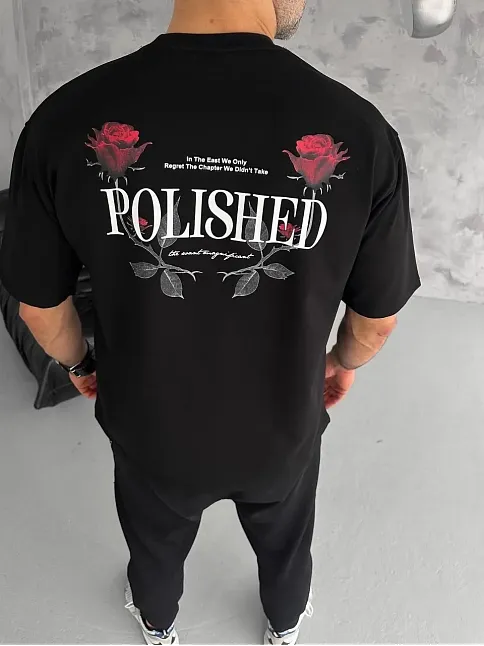 Erkek Kısa Kol Yazlık Tişört Bisiklet Yaka Baskılı Oversize T-shirt - Siyah