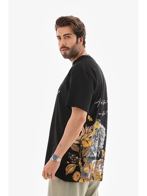 Erkek Kısa Kol Yazlık Tişört Bisiklet Yaka Baskılı Oversize T-shirt - Siyah