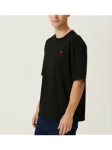 Erkek Kısa Kol Tişört Bisiklet Yaka Kalp Baskılı Oversize T-shirt - Siyah