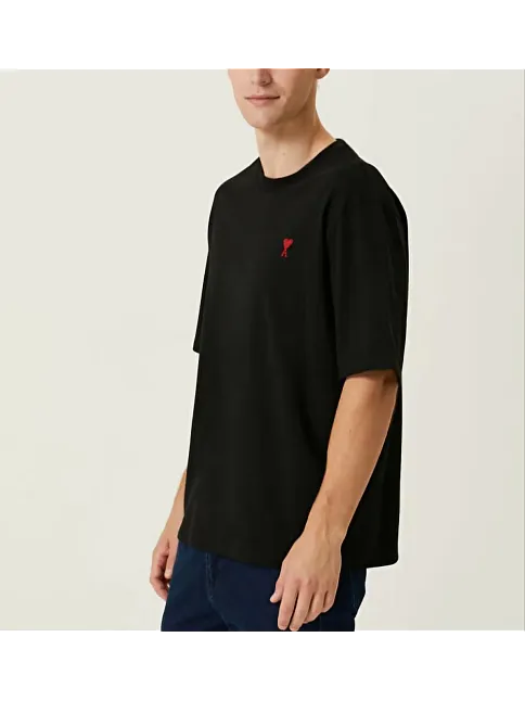 Erkek Kısa Kol Tişört Bisiklet Yaka Kalp Baskılı Oversize T-shirt - Siyah