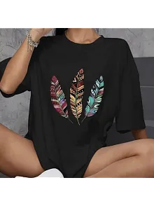 Kadın Baskılı T-shirt Kısa Kol Bisiklet Yaka Oversize Rahat Kalıp Günlük Tişört   - Siyah