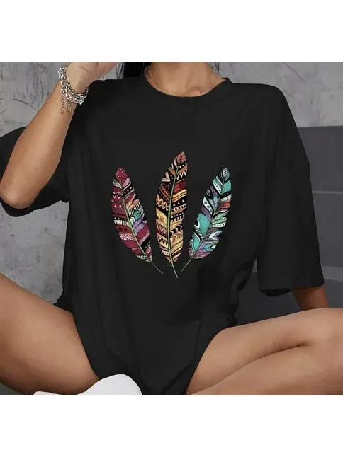 Kadın Baskılı T-shirt Kısa Kol Bisiklet Yaka Oversize Rahat Kalıp Günlük Tişört   - Siyah