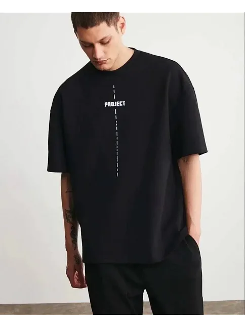 Erkek Kısa Kol Yazlık Tişört Bisiklet Yaka Baskılı Oversize T-shirt - Siyah