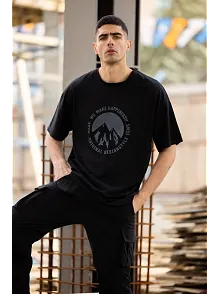 Erkek Baskılı T-shirt Kısa Kol Bisiklet Yaka Regular Fit Rahat Kalıp Günlük Tişört - Siyah