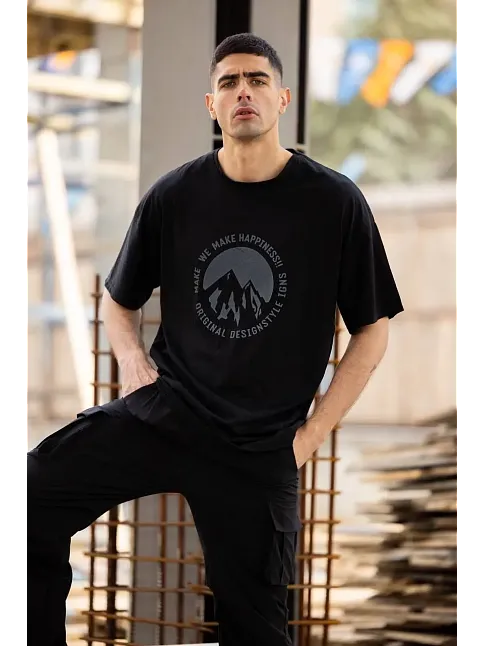Erkek Baskılı T-shirt Kısa Kol Bisiklet Yaka Regular Fit Rahat Kalıp Günlük Tişört - Siyah