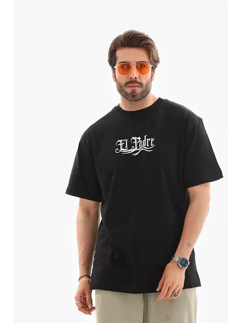 Erkek Kısa Kol Yazlık Tişört Bisiklet Yaka Baskılı Oversize T-shirt - Siyah