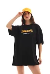 Kadın Kısa Kol Yazlık Tişört Bisiklet Yaka Baskılı Oversize T-shirt - Siyah