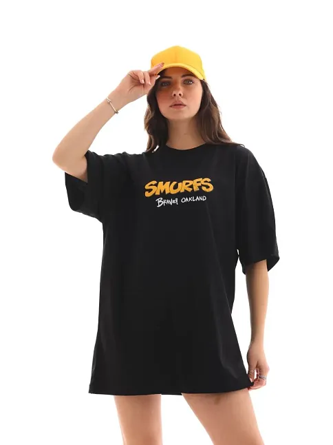 Kadın Kısa Kol Yazlık Tişört Bisiklet Yaka Baskılı Oversize T-shirt - Siyah