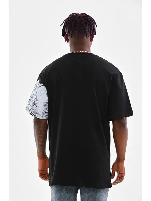 Erkek  Bisiklet Yaka Baskılı Oversize T-shirt - Siyah