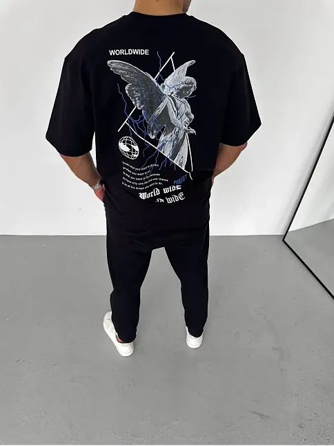 Erkek Baskılı T-shirt Kısa Kol Bisiklet Yaka Regular Fit Rahat Kalıp Günlük Tişört - Siyah