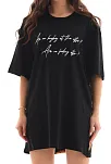 Kadın Kısa Kol Yazlık Tişört Bisiklet Yaka Baskılı Oversize T-shirt - Siyah