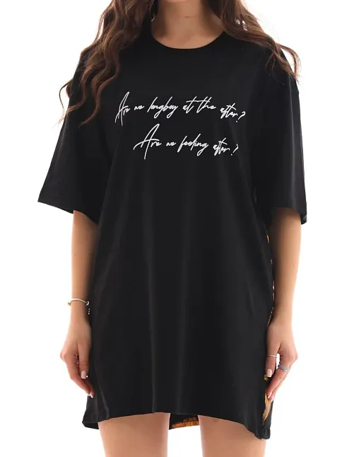 Kadın Kısa Kol Yazlık Tişört Bisiklet Yaka Baskılı Oversize T-shirt - Siyah