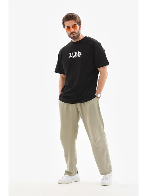 Erkek Kısa Kol Yazlık Tişört Bisiklet Yaka Baskılı Oversize T-shirt - Siyah