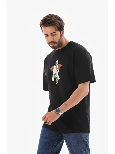 Erkek Baskılı T-shirt Kısa Kol Bisiklet Yaka Regular Fit Rahat Kalıp Tişört -  Siyah