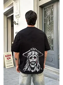 Erkek Kısa Kol Tişört Bisiklet Yaka Yıldırım Baskılı Oversize T-shirt - Siyah