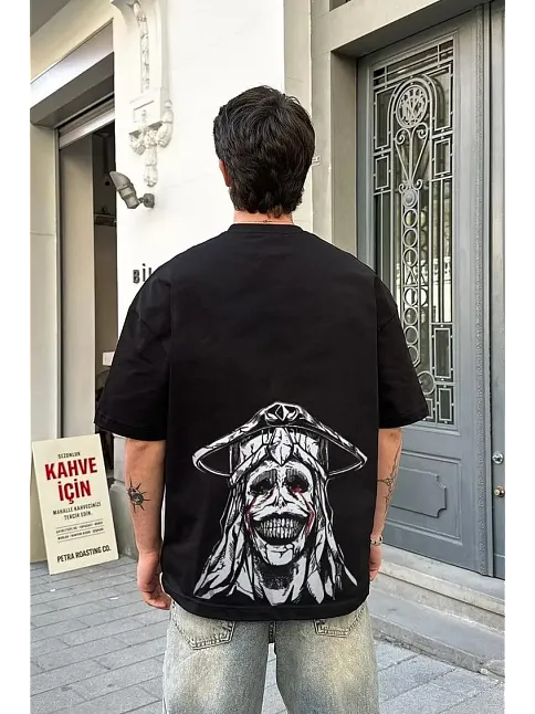 Erkek Kısa Kol Tişört Bisiklet Yaka Yıldırım Baskılı Oversize T-shirt - Siyah