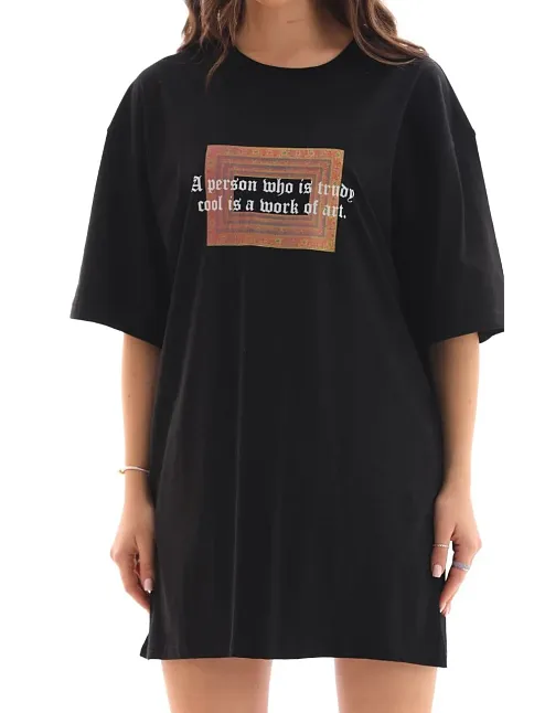 Kadın Baskılı T-shirt Kısa Kol Bisiklet Yaka Oversize Rahat Kalıp Tişört - Siyah