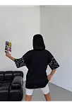 Kadın Yıldırım Şimşek Baskılı T-shirt Kısa Kol Bisiklet Yaka Oversize Tişört - Siyah