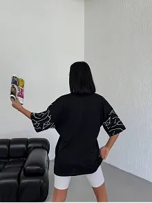 Kadın Yıldırım Şimşek Baskılı T-shirt Kısa Kol Bisiklet Yaka Oversize Tişört - Siyah