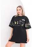 Kadın Kısa Kol Yazlık Tişört Bisiklet Yaka Baskılı Oversize T-shirt - Siyah