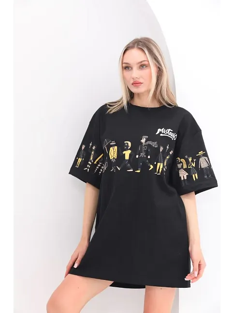 Kadın Kısa Kol Yazlık Tişört Bisiklet Yaka Baskılı Oversize T-shirt - Siyah