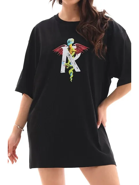 Kadın Baskılı T-shirt Kısa Kol Bisiklet Yaka Regular Fit Rahat Kalıp Günlük Tişört -siyah