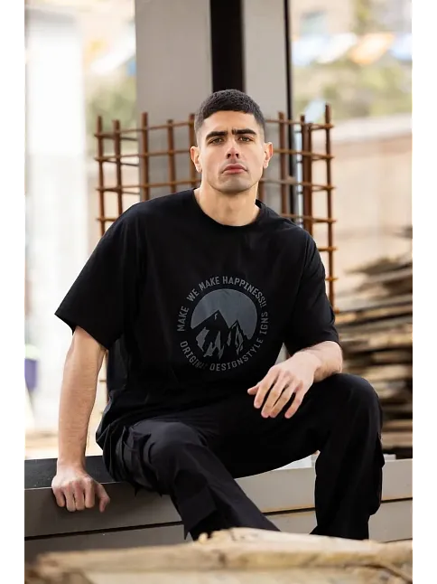 Erkek Baskılı T-shirt Kısa Kol Bisiklet Yaka Regular Fit Rahat Kalıp Günlük Tişört - Siyah