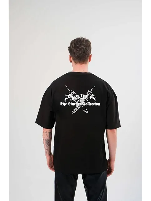 Erkek Kısa Kol Tişört Bisiklet Yaka Yonca Baskılı Oversize T-shirt - Siyah