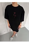 Kadın Bisiklet Yaka Baskılı Oversize  Kısa Kol T-shirt - Siyah