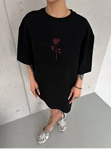 Kadın Bisiklet Yaka Baskılı Oversize  Kısa Kol T-shirt - Siyah