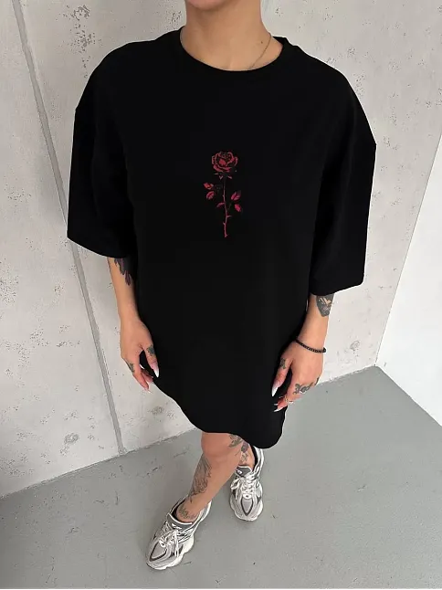 Kadın Bisiklet Yaka Baskılı Oversize  Kısa Kol T-shirt - Siyah