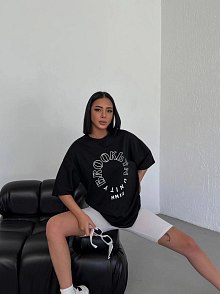 Kadın Baskılı T-shirt Kısa Kol Bisiklet Yaka Oversize Rahat Kalıp Günlük Tişört - Siyah