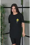 Kadın Bisiklet Yaka Baskılı  Kısa Kol Oversize T-shirt - Siyah