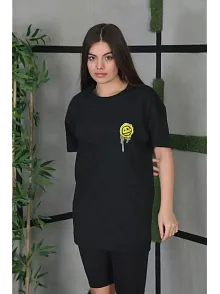 Kadın Bisiklet Yaka Baskılı  Kısa Kol Oversize T-shirt - Siyah
