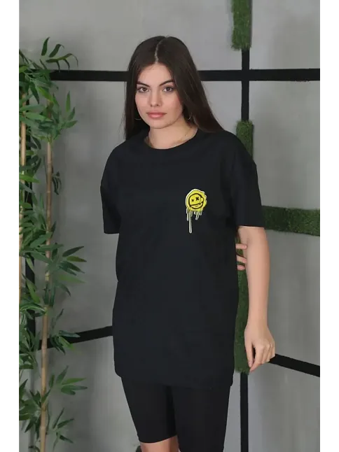 Kadın Bisiklet Yaka Baskılı  Kısa Kol Oversize T-shirt - Siyah