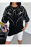 Kadın Yıldırım Şimşek Baskılı T-shirt Kısa Kol Bisiklet Yaka Oversize Tişört - Siyah