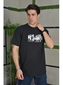 Erkek Kısa Kol Yazlık Tişört Bisiklet Yaka Baskılı Oversize T-shirt - Siyah