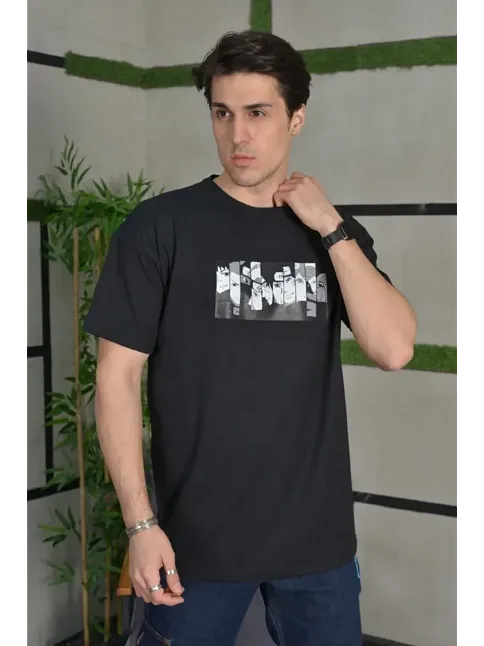 Erkek Kısa Kol Yazlık Tişört Bisiklet Yaka Baskılı Oversize T-shirt - Siyah