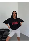 Kadın Kısa Kol Yazlık Tişört Bisiklet Yaka Los Angeles Baskılı T-shirt - Siyah