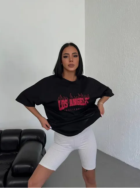 Kadın Kısa Kol Yazlık Tişört Bisiklet Yaka Los Angeles Baskılı T-shirt - Siyah