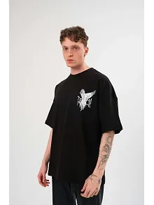 Erkek Kısa Kol Yazlık Tişört Bisiklet Yaka Baskılı Oversize T-shirt - Siyah
