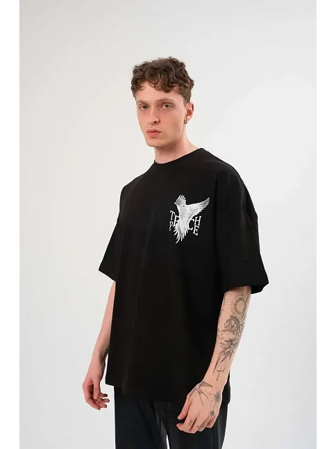 Erkek Kısa Kol Yazlık Tişört Bisiklet Yaka Baskılı Oversize T-shirt - Siyah