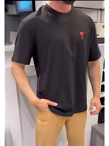 Erkek Kısa Kol Tişört Bisiklet Yaka Kalp Baskılı Oversize T-shirt - Siyah