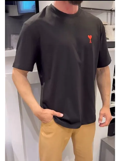 Erkek Kısa Kol Tişört Bisiklet Yaka Kalp Baskılı Oversize T-shirt - Siyah