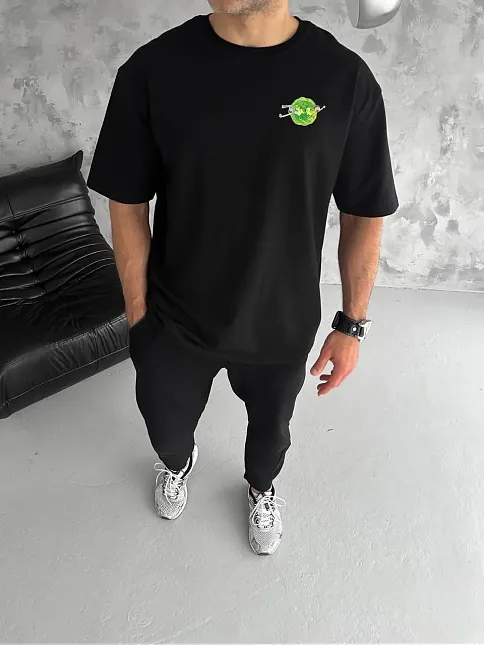 Erkek Kısa Kol Tişört Bisiklet Yaka Rick And Morty Baskılı T-shirt - Siyah
