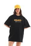 Kadın Kısa Kol Yazlık Tişört Bisiklet Yaka Baskılı Oversize T-shirt - Siyah