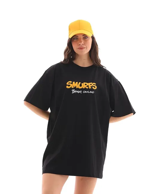 Kadın Kısa Kol Yazlık Tişört Bisiklet Yaka Baskılı Oversize T-shirt - Siyah