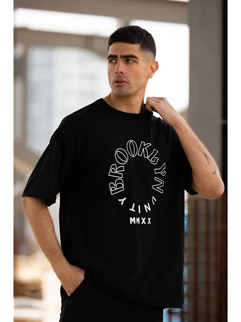 Erkek Baskılı T-shirt Kısa Kol Bisiklet Yaka Regular Fit Rahat Kalıp Günlük Tişört - Siyah